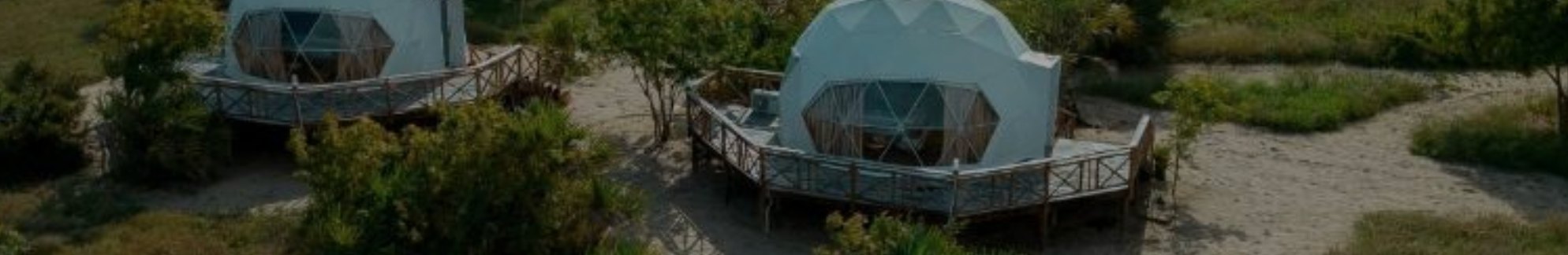 Two geodesic dome tents on raised timber decks at Cterra Saadani, seen from the air with the bush around them