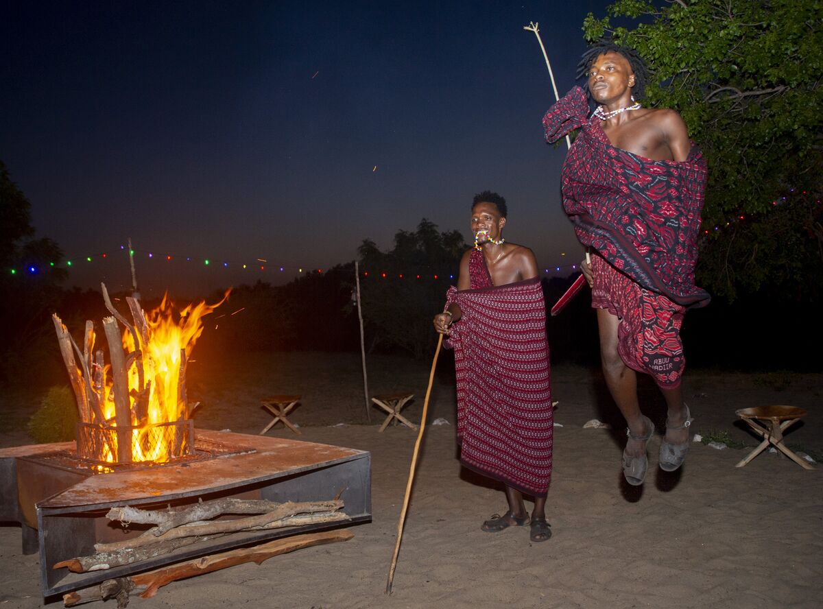 The traditional Maasai dance at the bonfire at Cterra Saadani, after dark