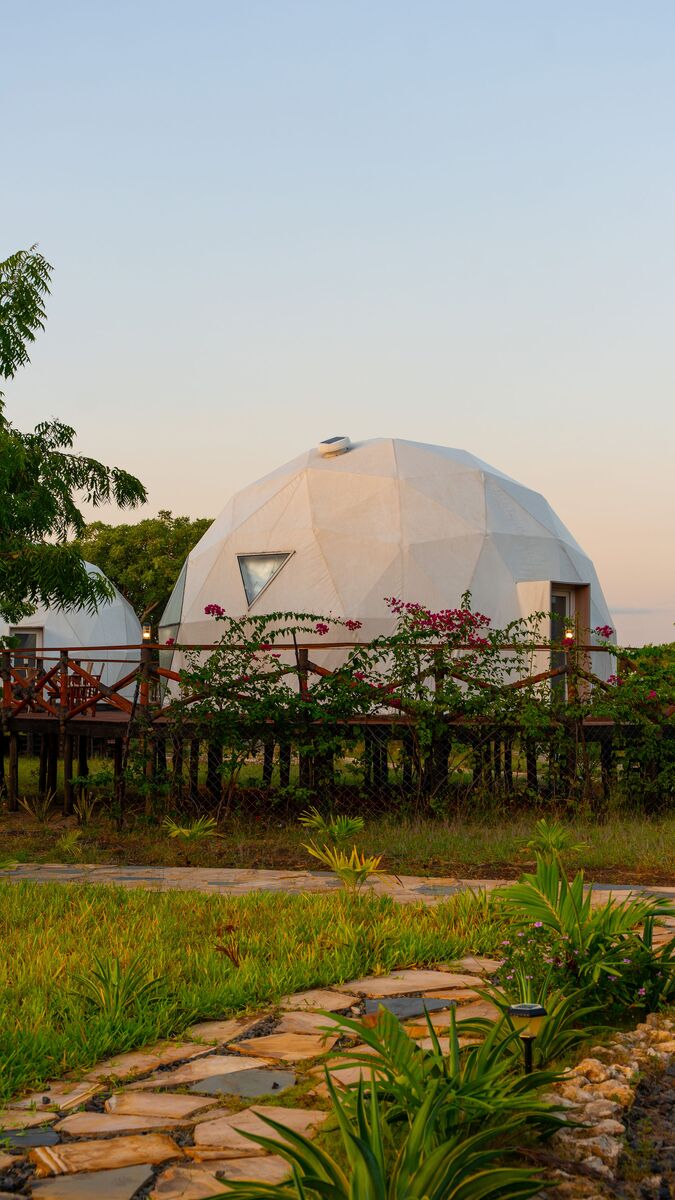 The domes from outside — The tented domes on their platforms, among the palms and facing the ocean.