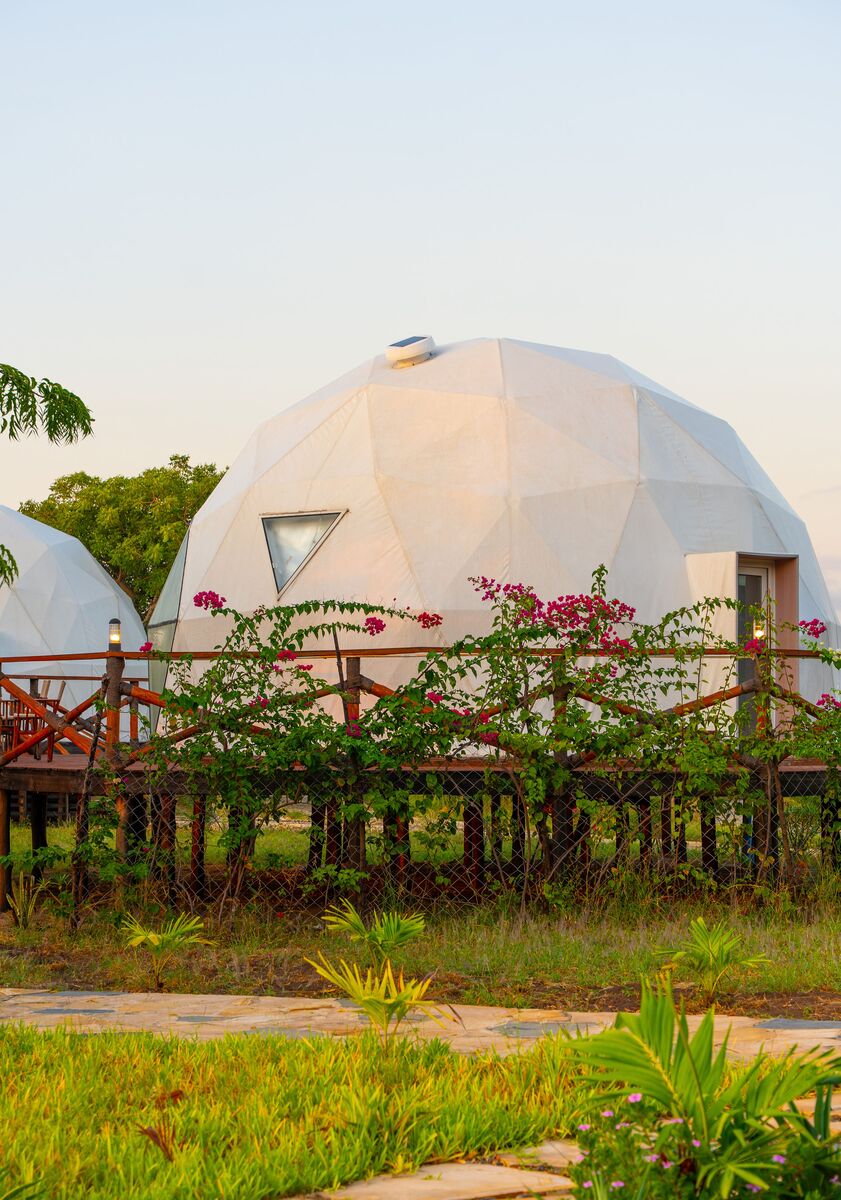 The domes from outside — The tented domes on their platforms, among the palms and facing the ocean.