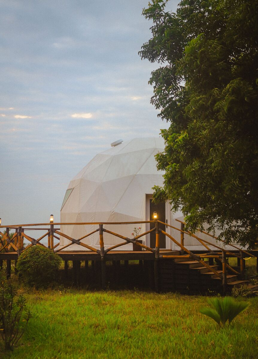 The domes from outside — The tented domes on their platforms, among the palms and facing the ocean.