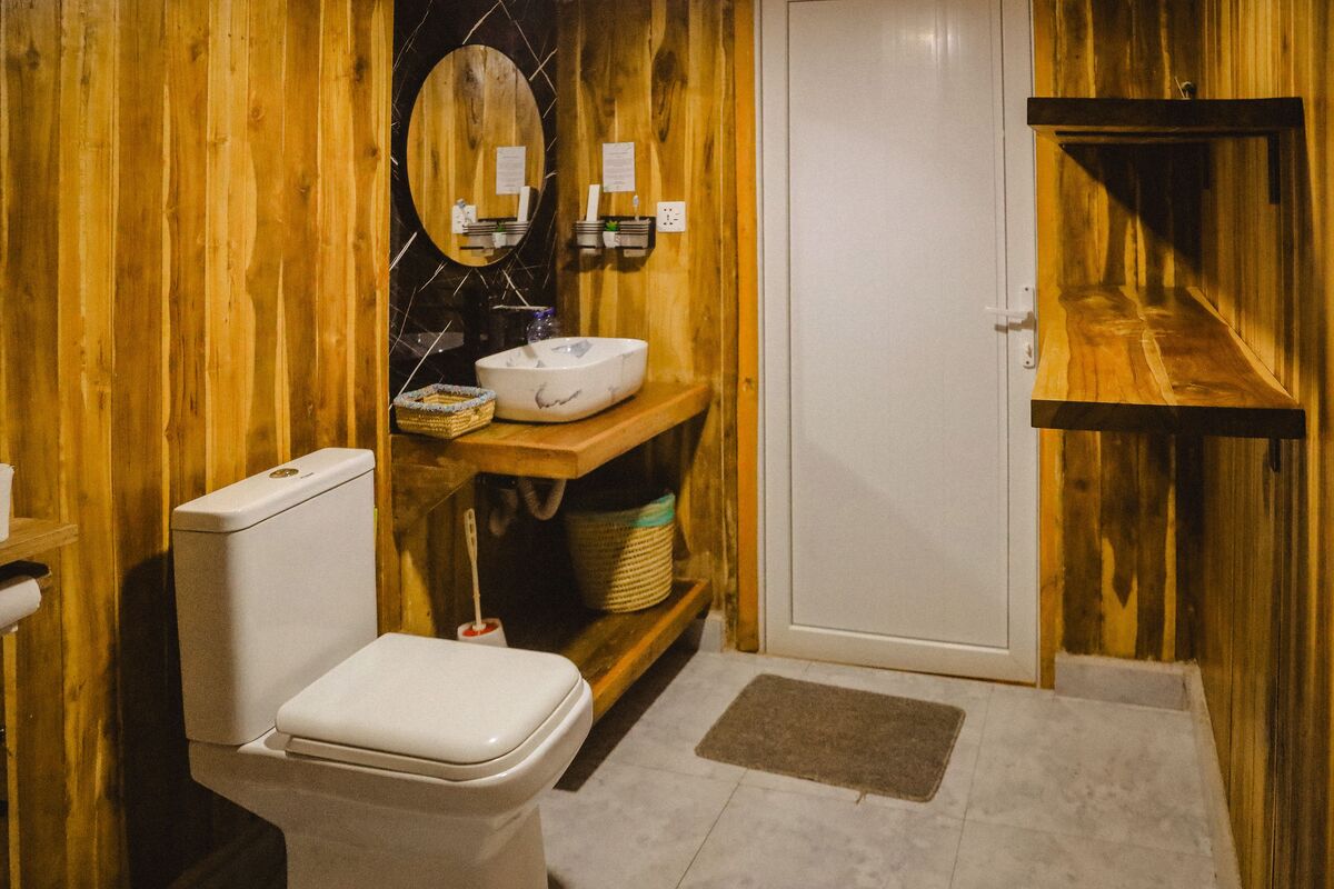 The bathrooms — Basins, mirrors, showers and WCs inside the domes.