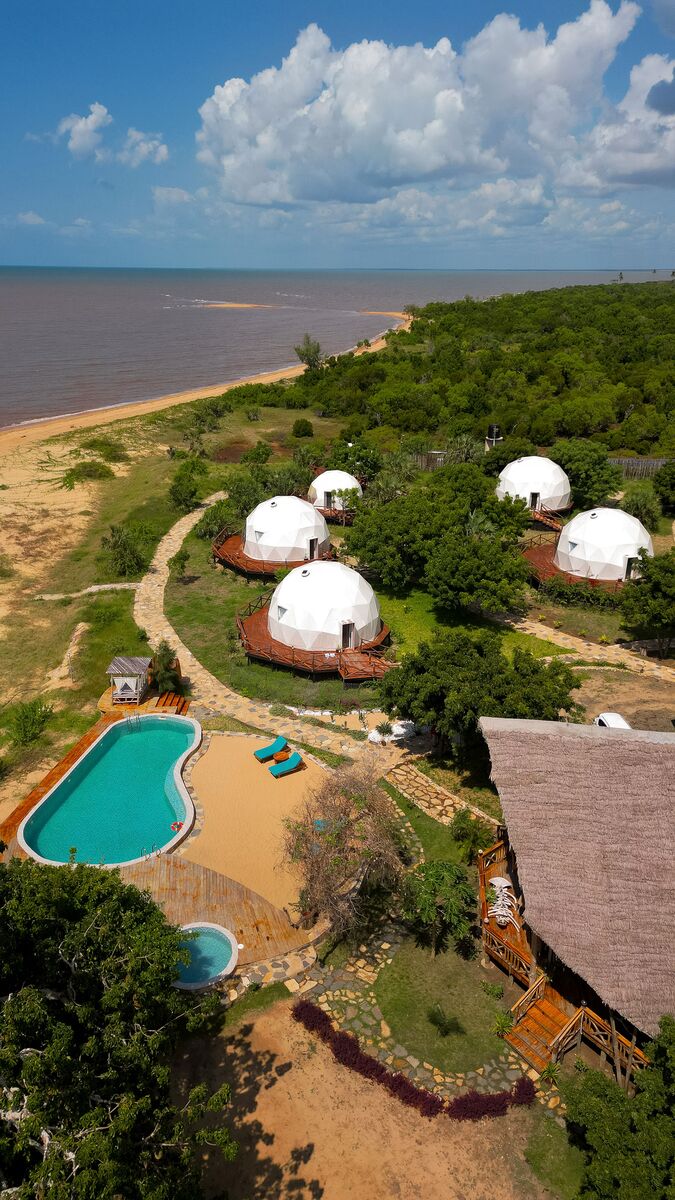 The camp from the air — The camp, the beach and the five kilometres of coast in front of it, seen from above.