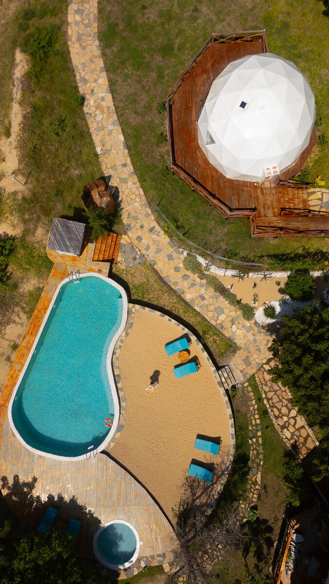 The camp from the air — The camp, the beach and the five kilometres of coast in front of it, seen from above.