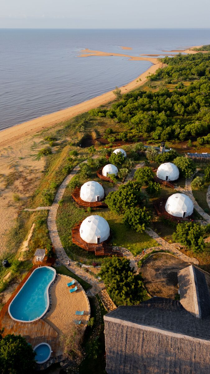 The camp from the air — The camp, the beach and the five kilometres of coast in front of it, seen from above.
