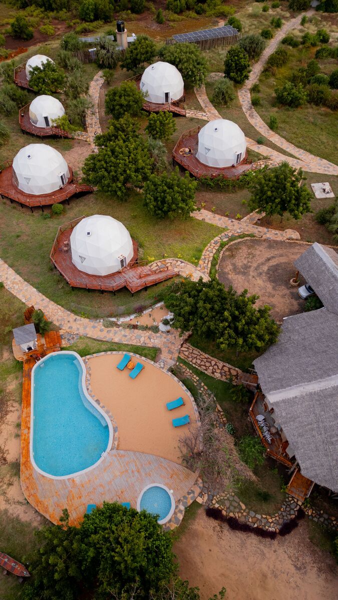 The camp from the air — The camp, the beach and the five kilometres of coast in front of it, seen from above.