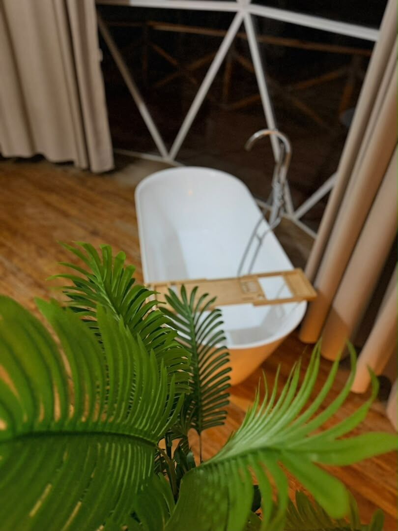 The bath of the Honey Suite against the frame of the dome, with the night outside