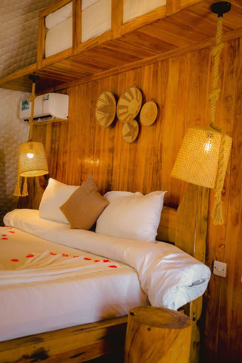 Inside the second Standard tent at Cterra Saadani, with the woven bowls and the mirror