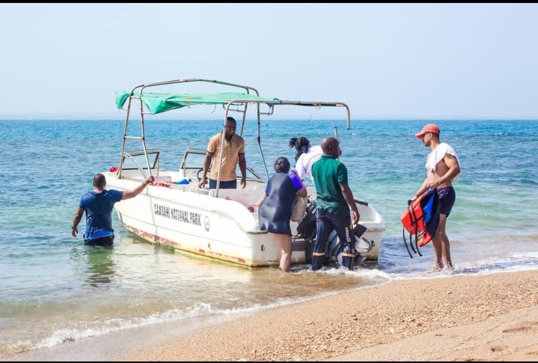 The full length of the Mafui sandbank, with visitors small against the horizon