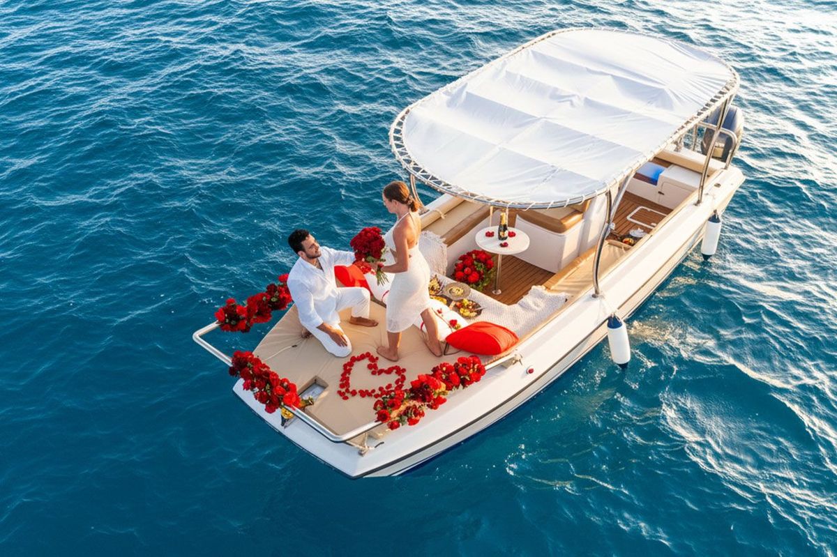 The bow from above, a heart of rose petals laid out on the cushions